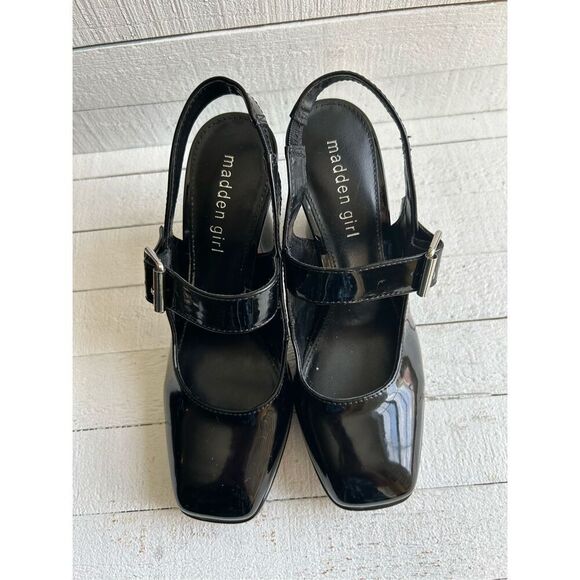 Madden Girl Black Patent Platform Mary Jane Slingback Heels 7.5M Square Toe Y2K - Picture 5 of 11
